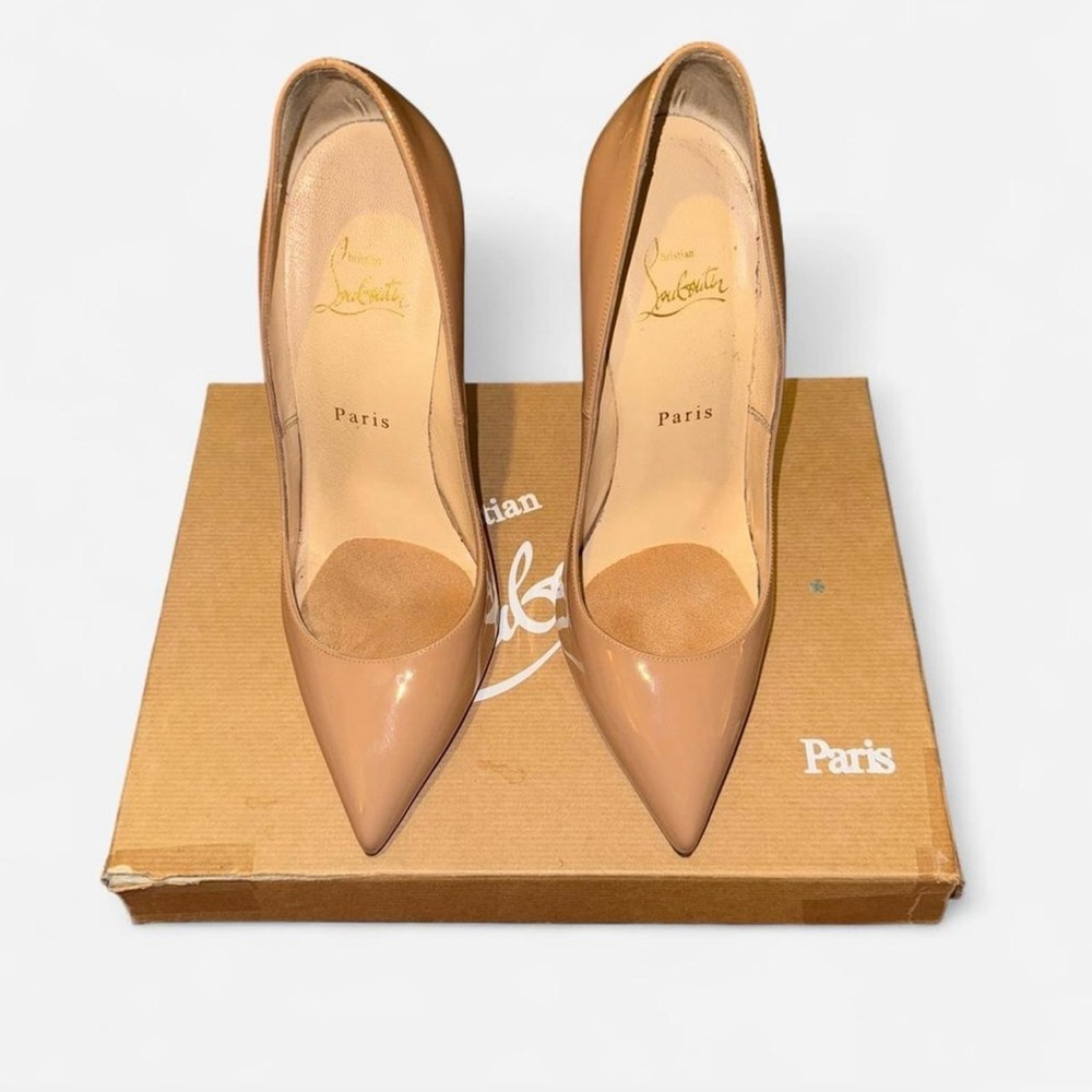 Tan Christian Louboutin Pigalle 120 patent calf heels